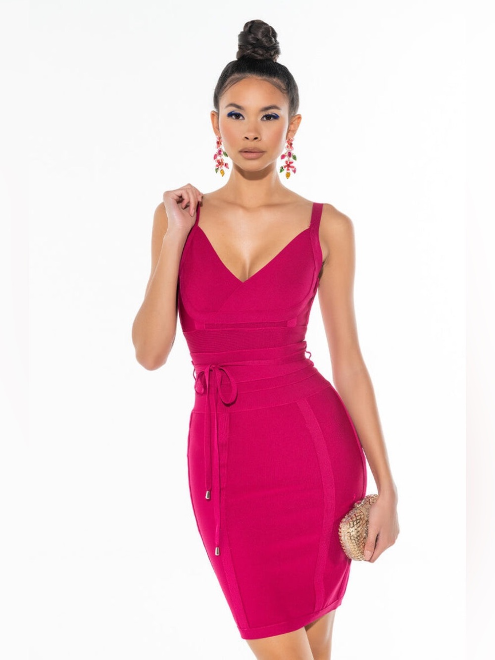 AKIRA Fuchsia Magenta Sleeveless V-Neck Bodycon Bandage Mini Dress Medium